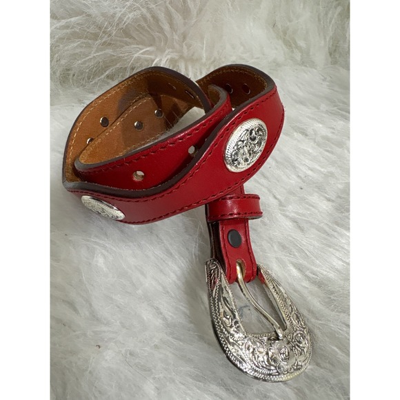 Silver Creek Classics Accessories - Silver Creek Classics Red Leather Western Belt Silver Floral Conchos Scalloped